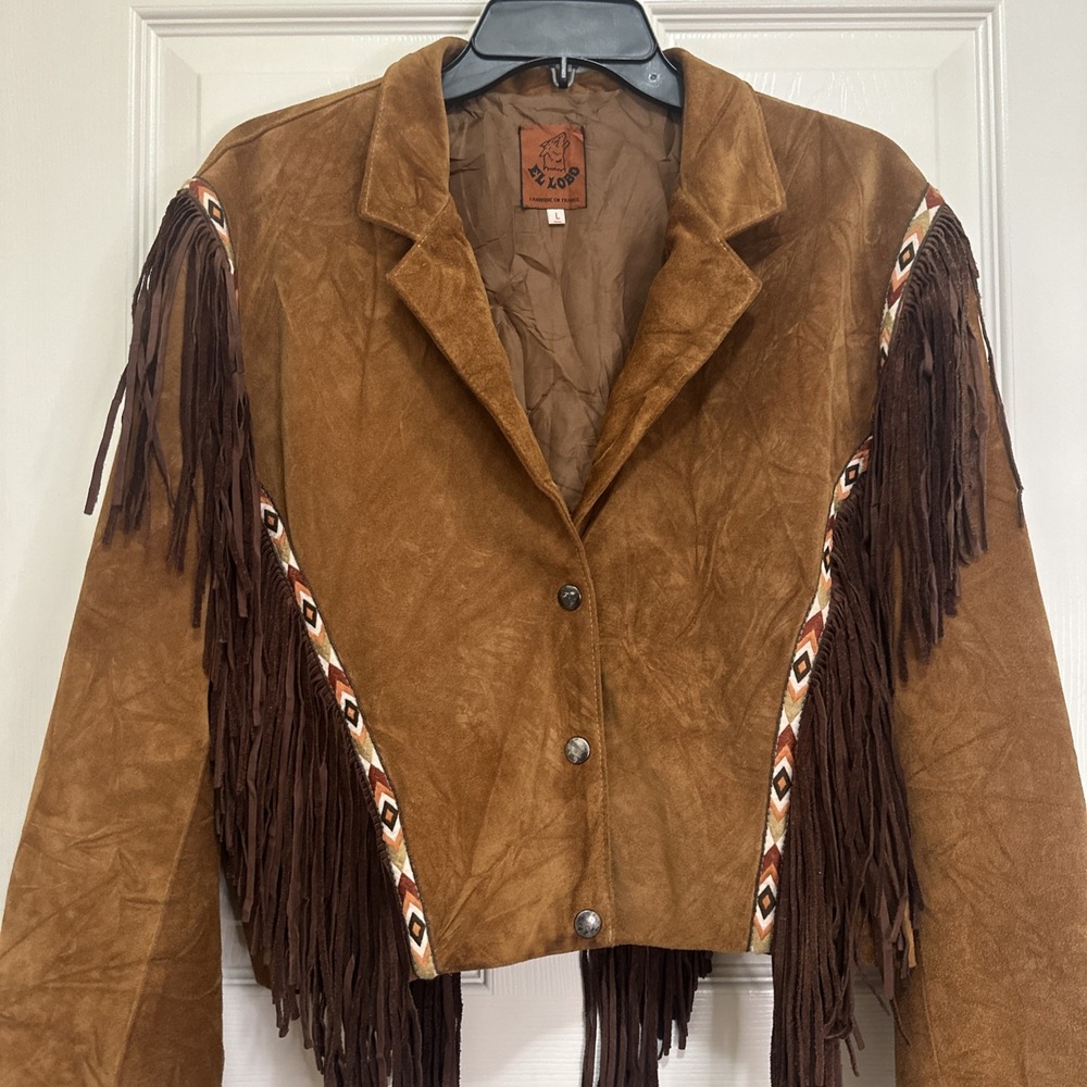Western Fringe Leather Suede Jacket‎ Button Up Brown Aztec Design Sz Woman's L - Picture 6 of 15